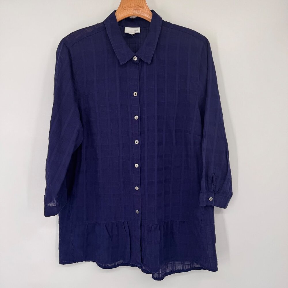 J JILL woman's blouse tunic sheer plaid ruffle hem size large cotton top blue - Picture 9 of 11